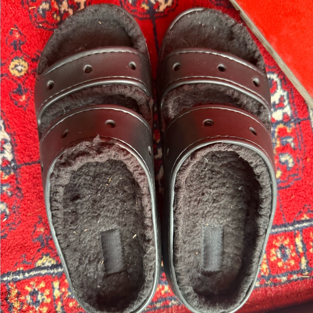 Black Croc Fuzzy Slide Sandals